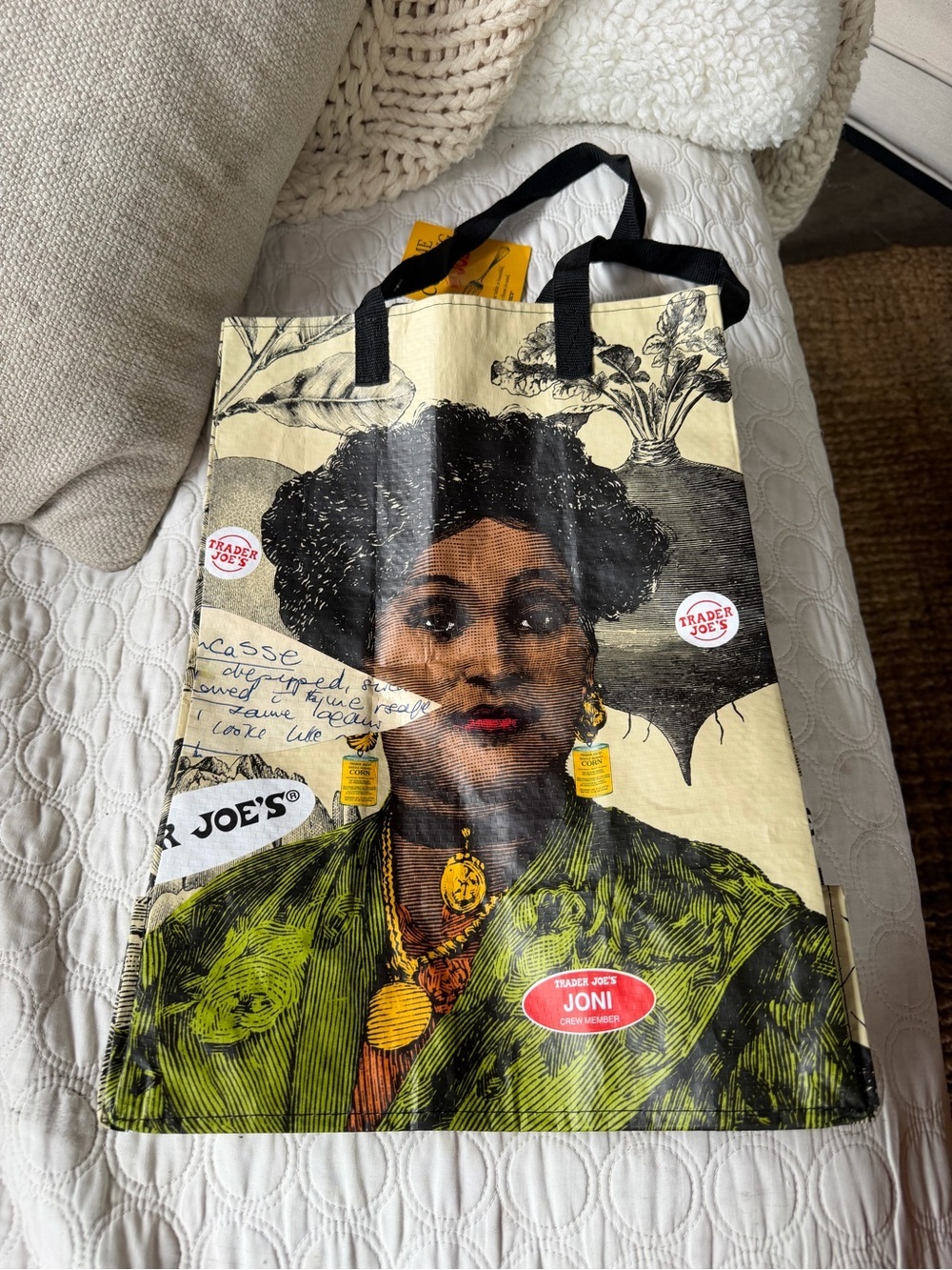 Trader Joe’s Jolene Crew member reusable shopping bag features vintage style art